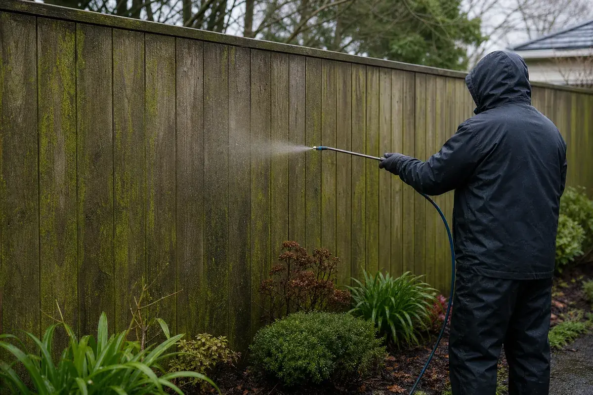 Low-pressure soft washing treatment applied to an exterior fence in Canterbury